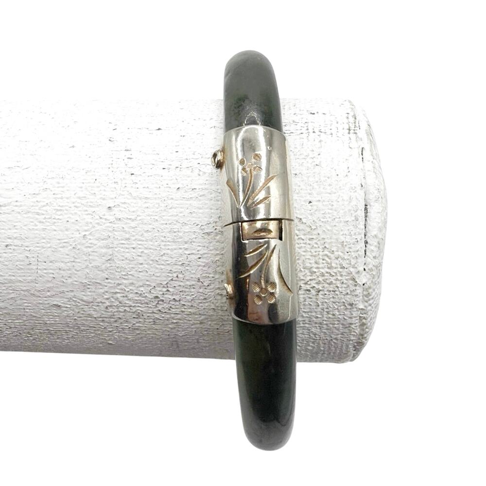 Green Jade Bangle Bracelet and 14k GP Metal Accent 7.5”